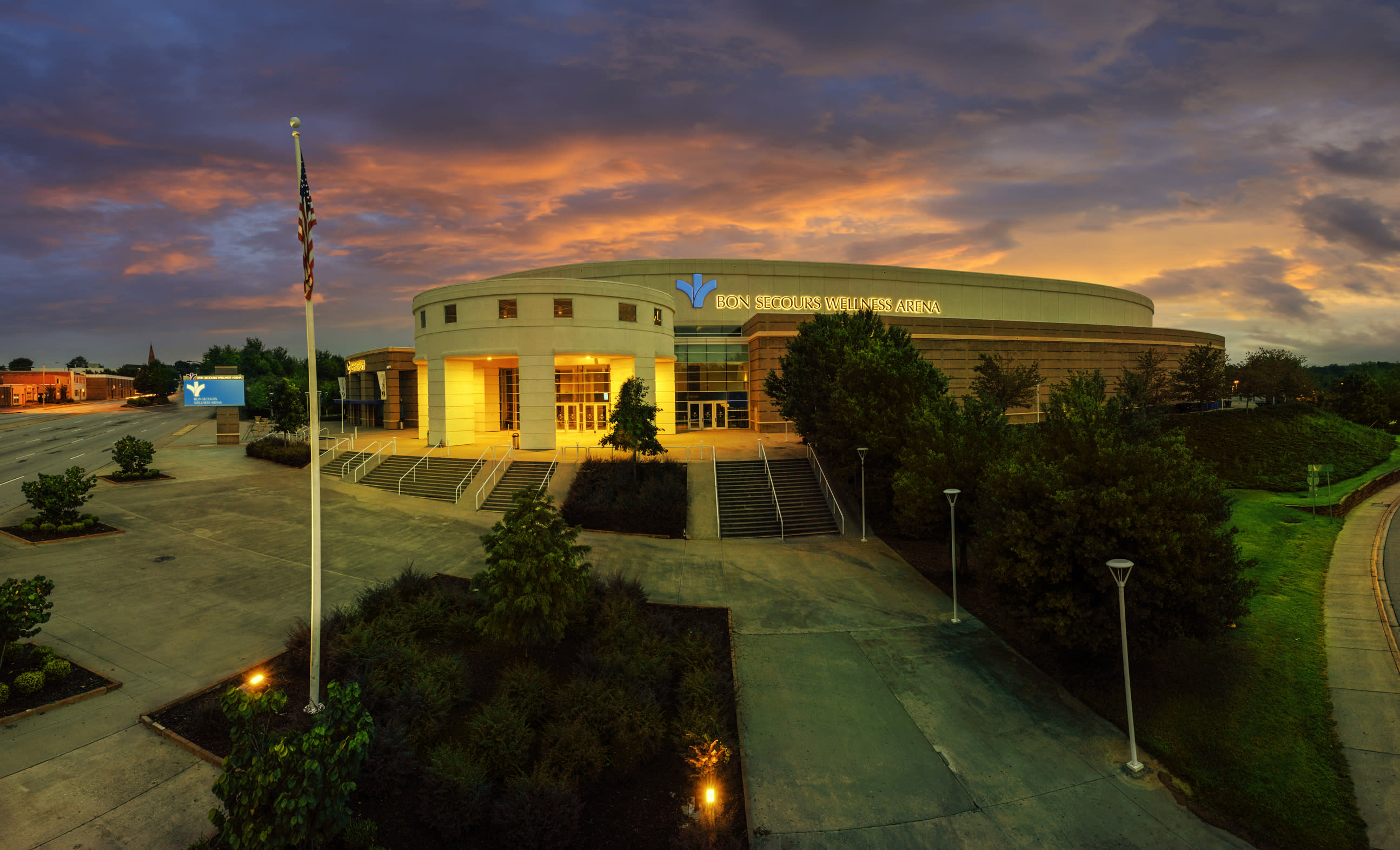 Bon Secours Wellness Arena at sunset